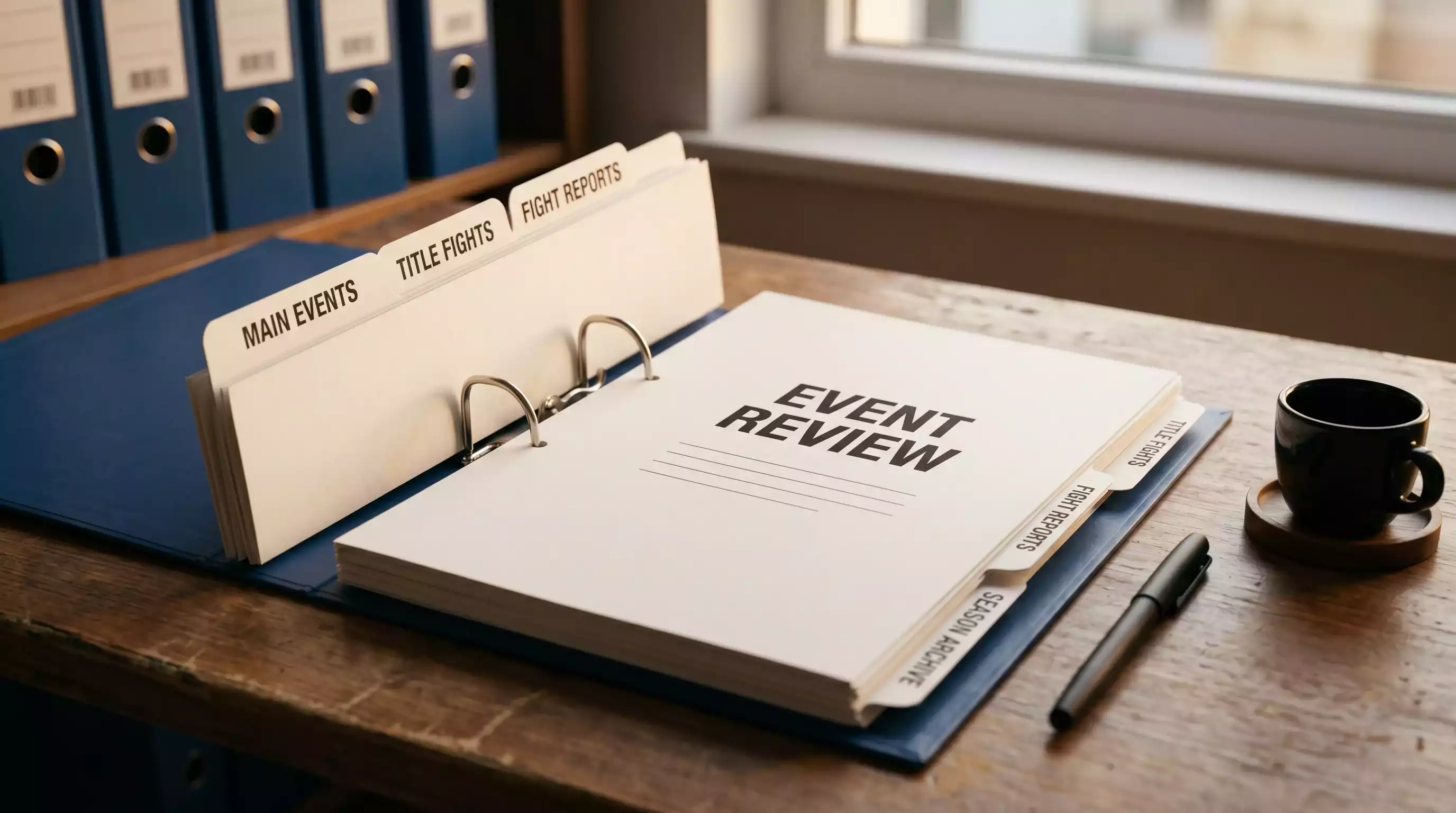 Binder of UFC fighter research notes organised by event and date on an analyst's desk