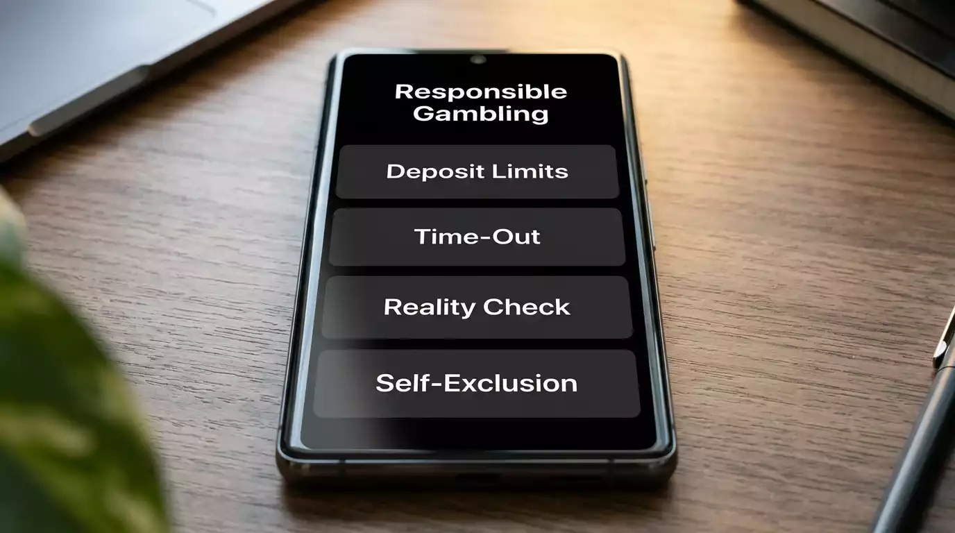 Smartphone screen showing the responsible gambling tools menu inside a UK sportsbook account