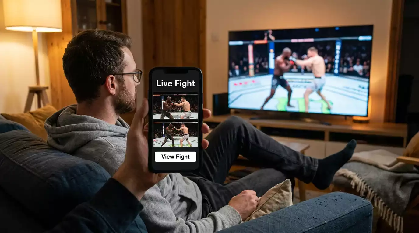Person watching a UFC broadcast on a television with a sportsbook in-play screen open on their phone