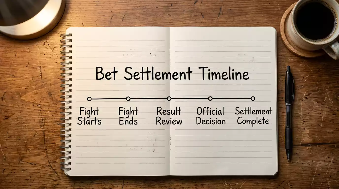 Open notebook on a desk showing a handwritten timeline of UFC events leading to a year-end settlement date
