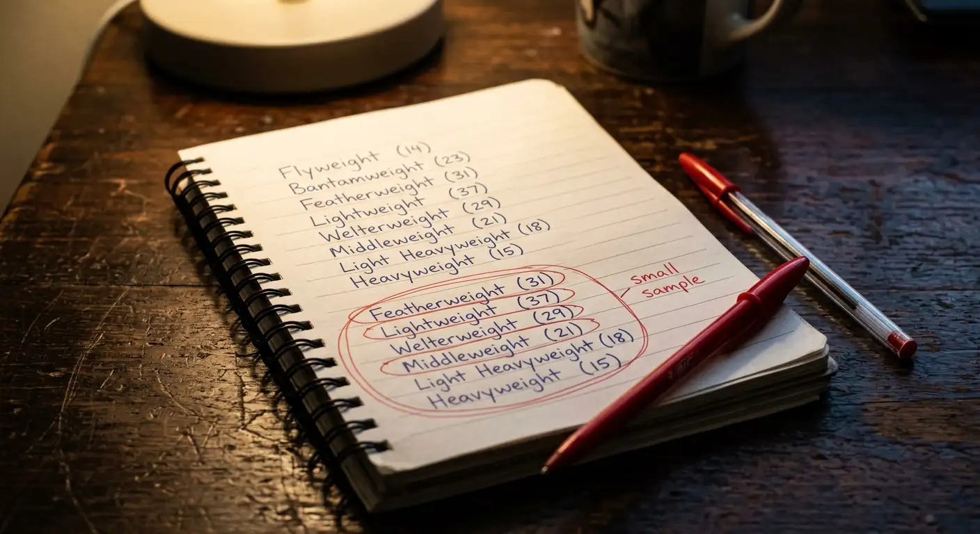 Notebook page with circled UFC divisional sample sizes warning of small-data interpretation issues