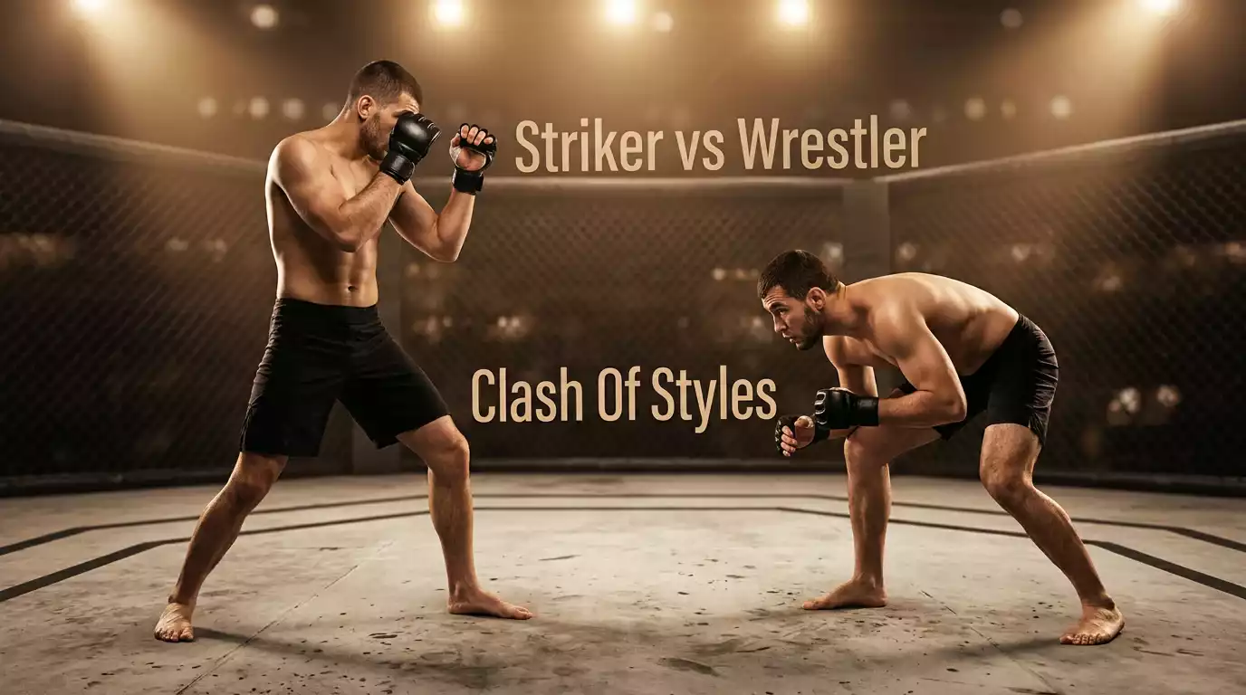MMA striker and wrestler in contrasting stances facing each other in the UFC octagon