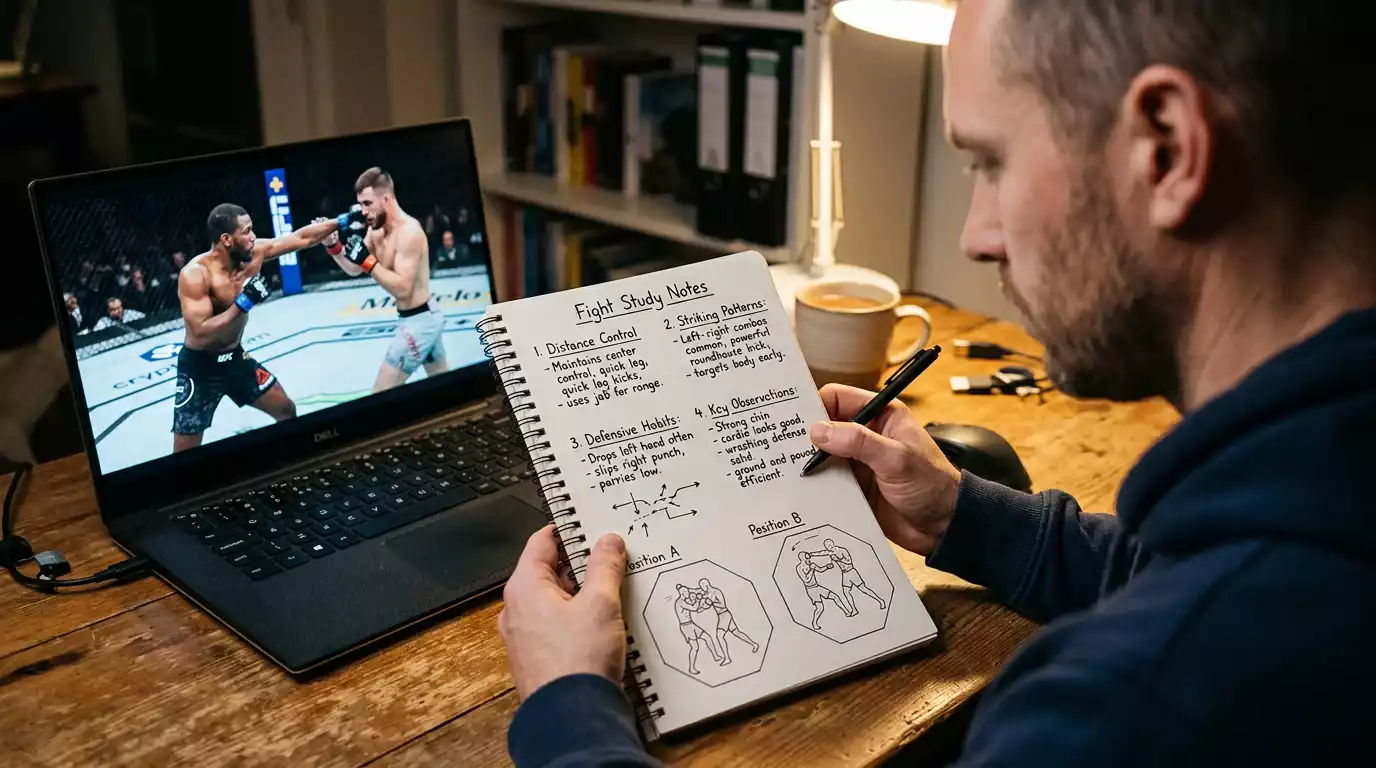 Analyst watching paused UFC fight footage on a laptop with a notebook open for tape study notes