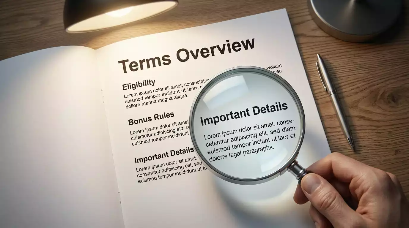 Bettor reading sportsbook wagering requirement terms with a magnifying glass over fine print