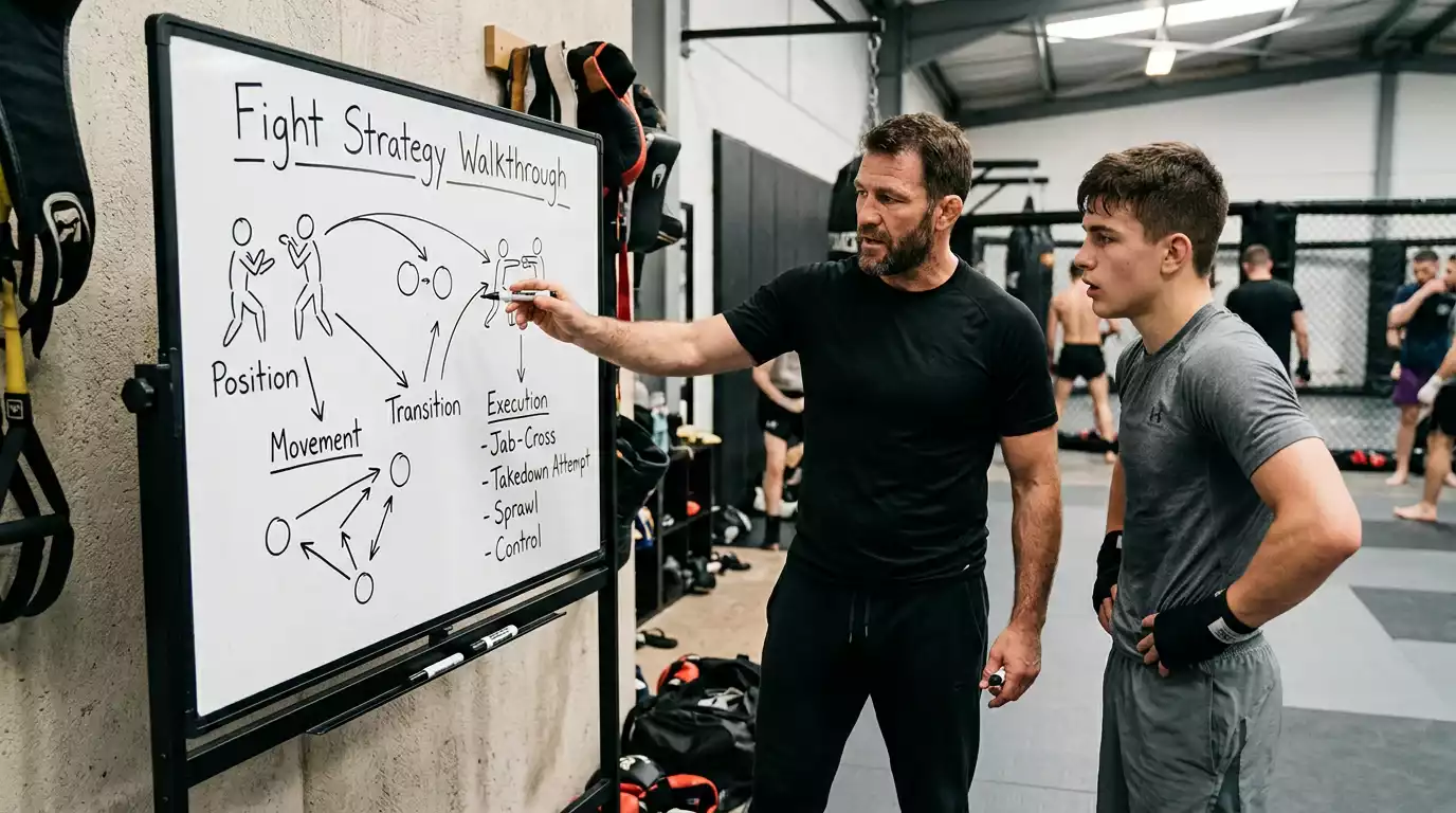 MMA coach walking a fighter through tactics on a worn whiteboard