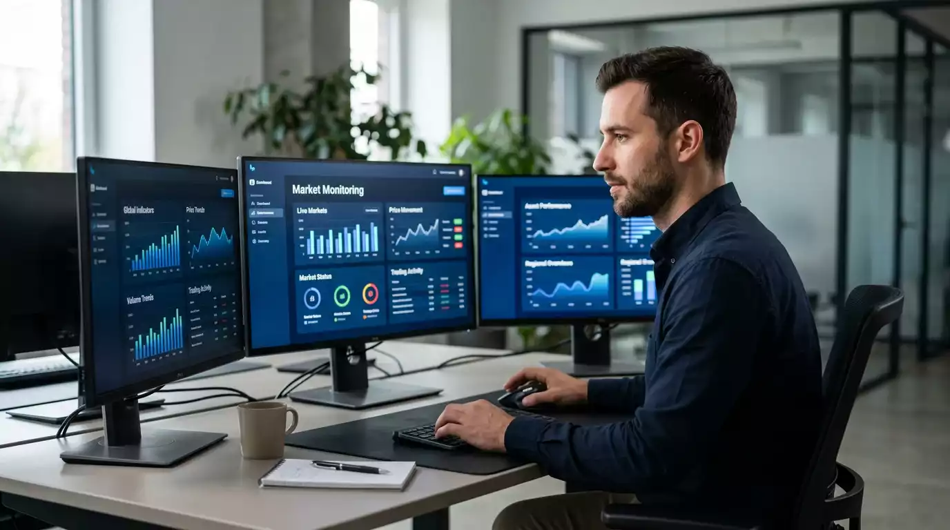 Sportsbook trader monitoring UFC odds movements on multiple desktop screens
