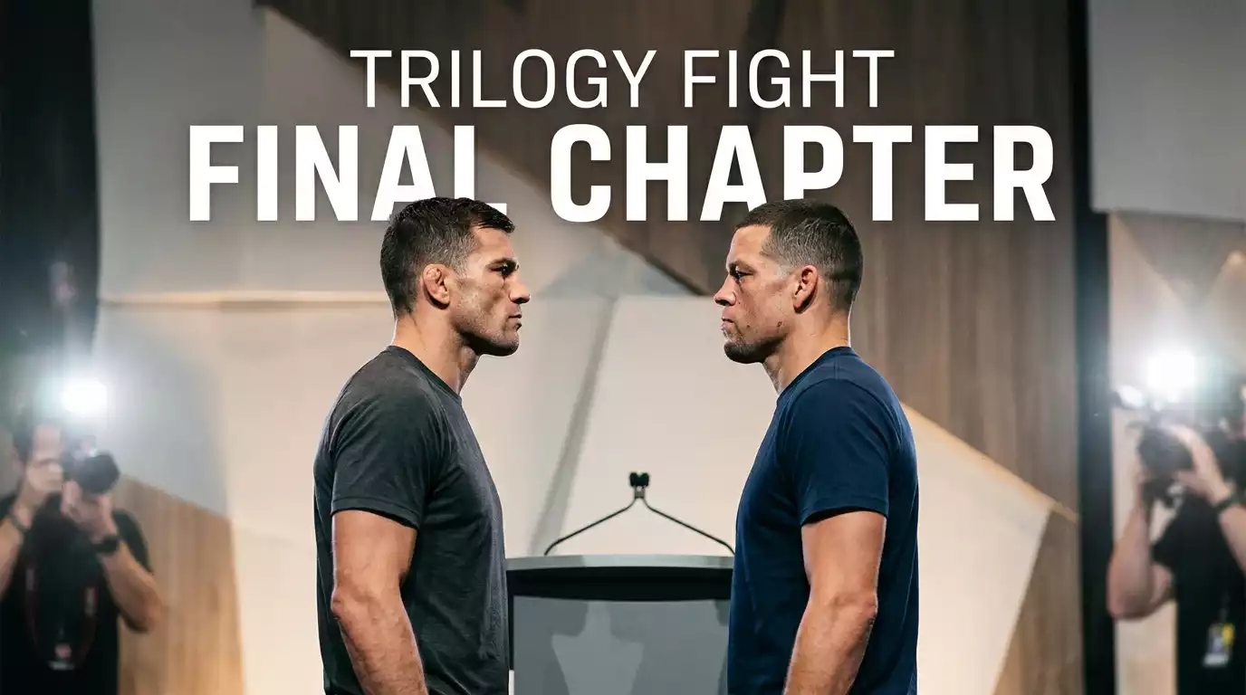 Two UFC fighters facing off at a press conference podium before their third meeting in the trilogy