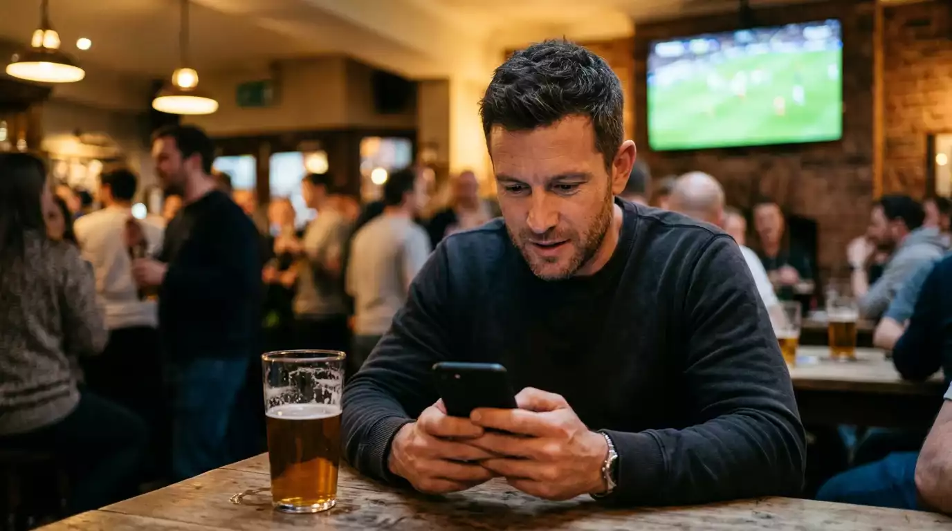 British fan watching UFC on a screen in a quiet pub while holding a phone