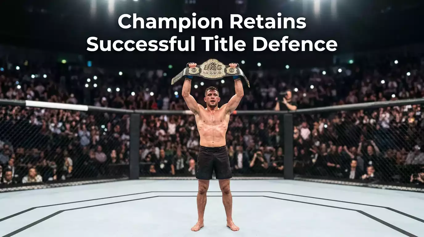 UFC champion holding the title belt aloft inside the octagon after a successful first defence