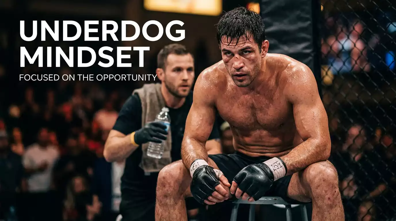 Underdog UFC fighter seated on the corner stool between rounds with cornerman behind