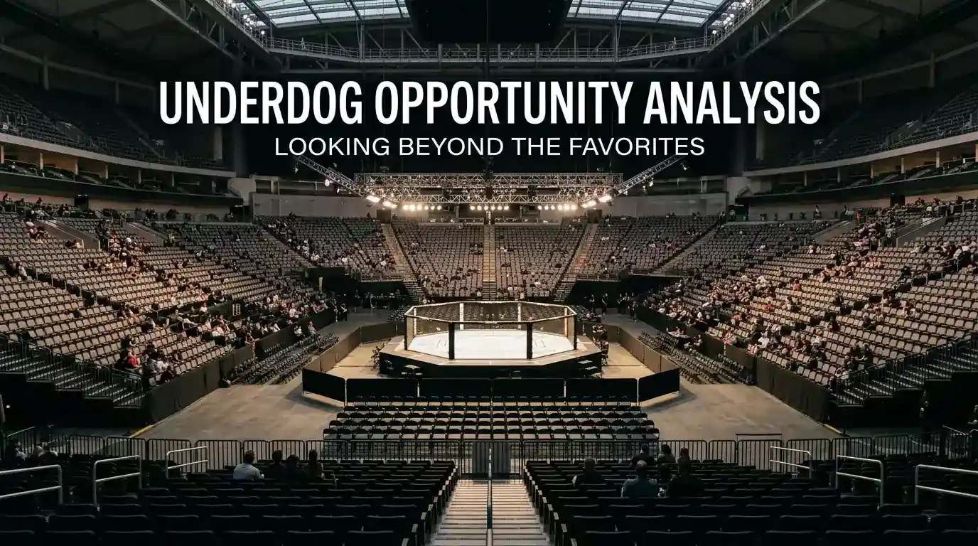 Wide arena shot of a UFC-style cage from row twenty with sparse crowd in early action