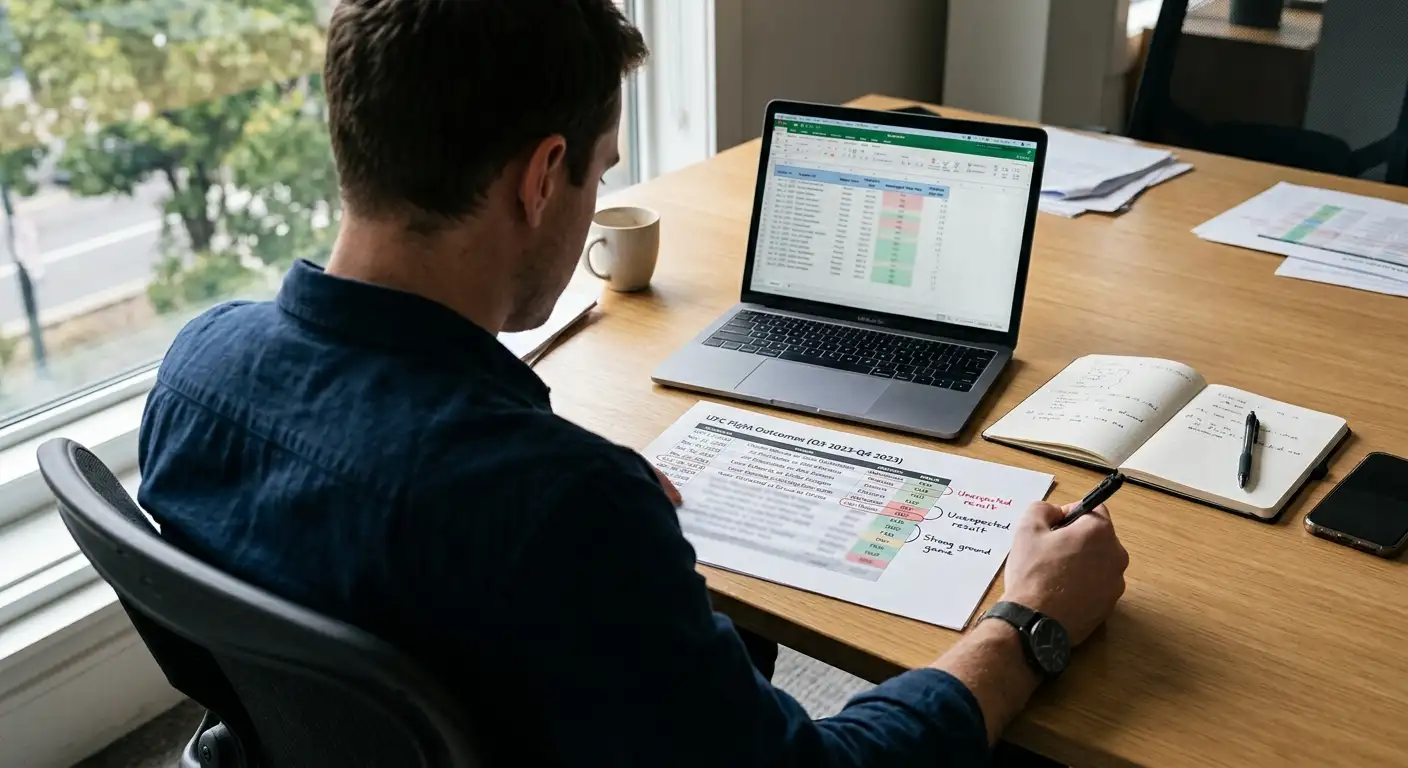 Analyst studying a UFC fight results sheet with handwritten ROI notes beside an open laptop