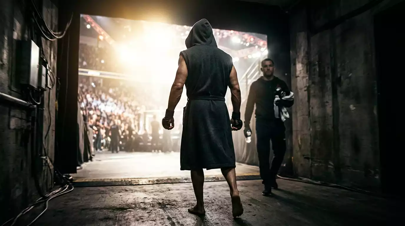 Underdog UFC fighter walking out into the arena with cornerman behind him