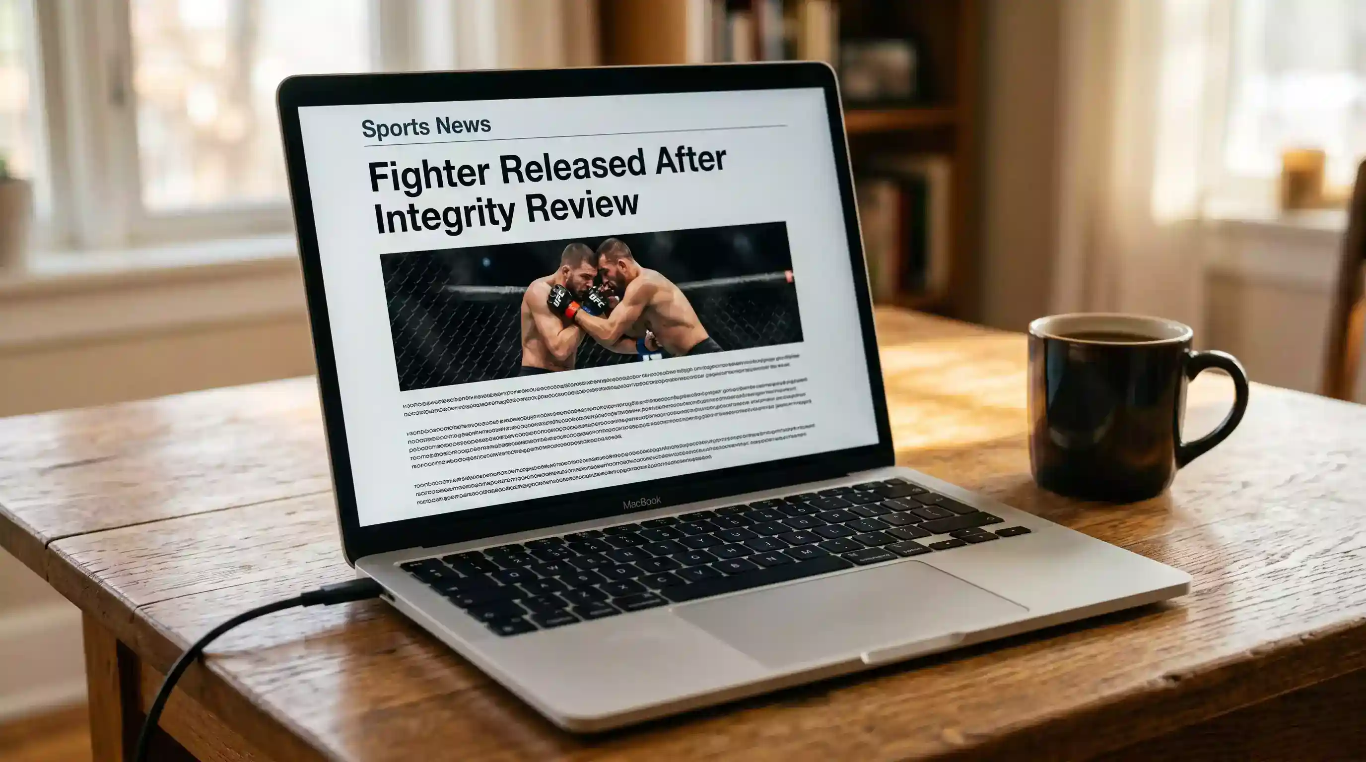 Laptop screen showing a news article headline reporting a UFC fighter contract release after integrity alert