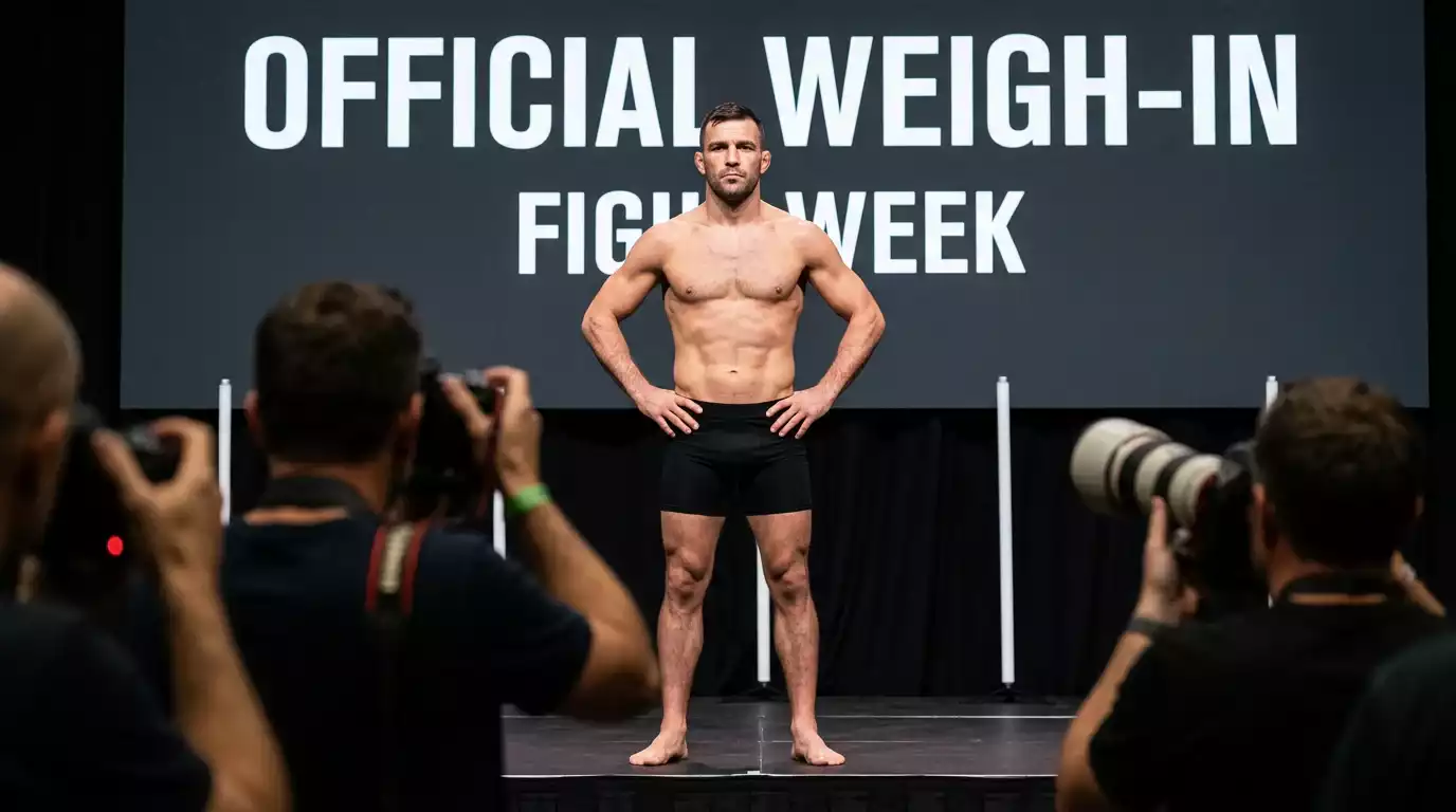 Male UFC fighter standing on the weigh-in stage with hands on his hips