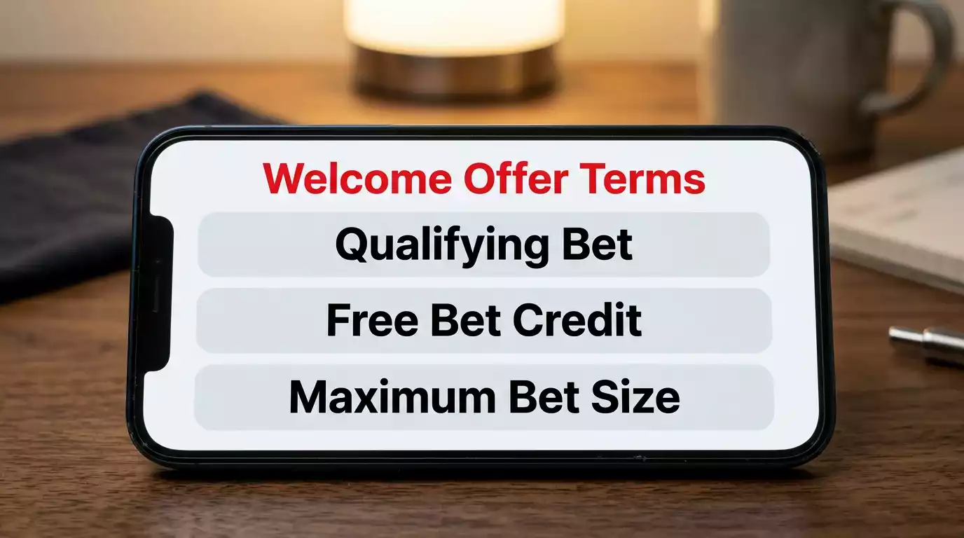 Sportsbook welcome offer terms detail screen showing qualifying bet conditions and minimum odds