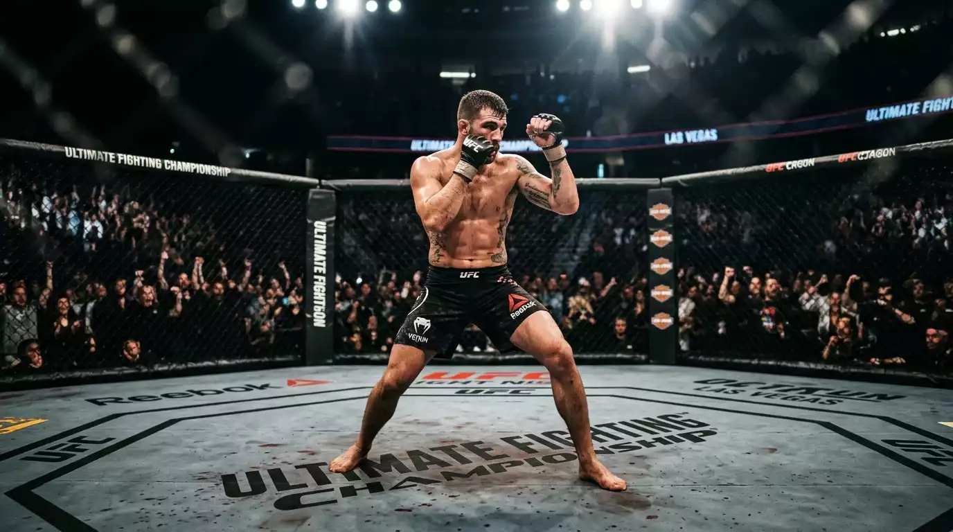 UFC welterweight fighter in ready stance under arena spotlights inside the octagon