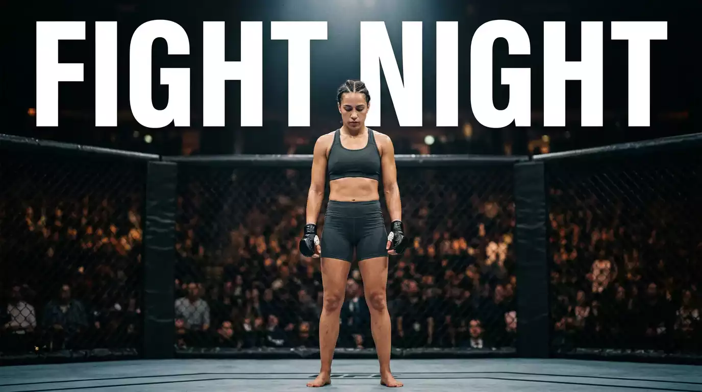 Female UFC fighter standing alone in the octagon under cage lights before her bout begins