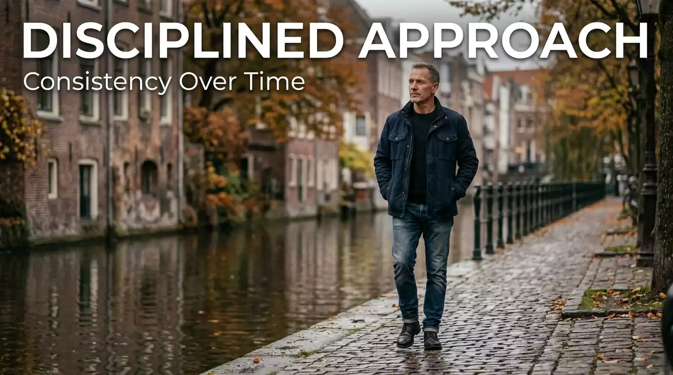 British man walking along a London canal path on a cool grey afternoon