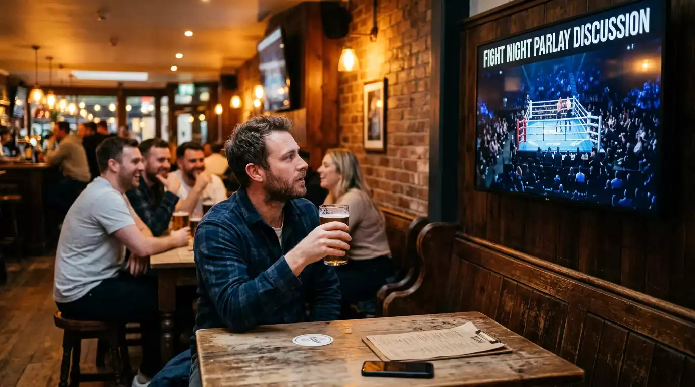 British fan watching a UFC card on a pub television with friends at a separate table
