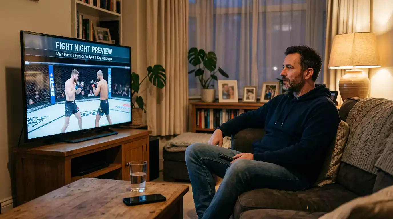 Living room evening with a UFC card playing on a television and a fan watching
