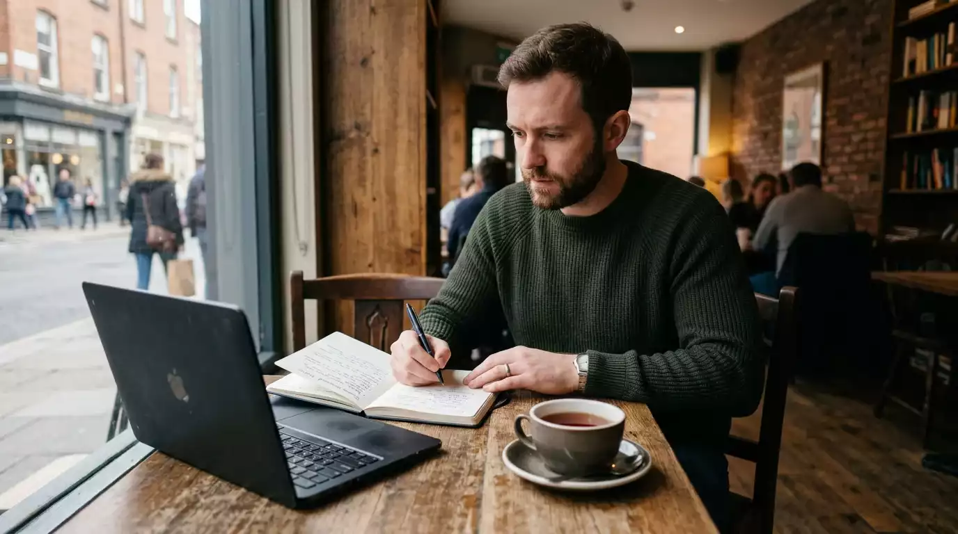 British bettor working with a laptop and notebook at a London cafe table