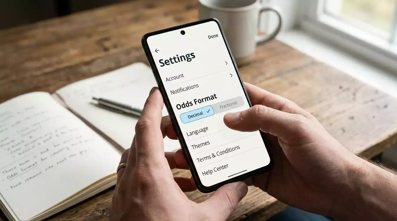 Settings menu of a generic sports betting app open on a smartphone in landscape grip