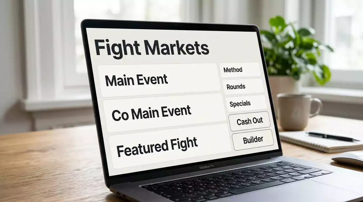 UK bookmaker UFC board with cash-out, bet-boost and builder badges across a Numbered Event