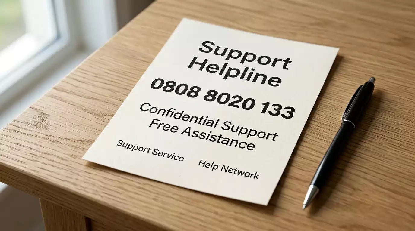 Information leaflet displaying the UK National Gambling Helpline number alongside support charity contacts