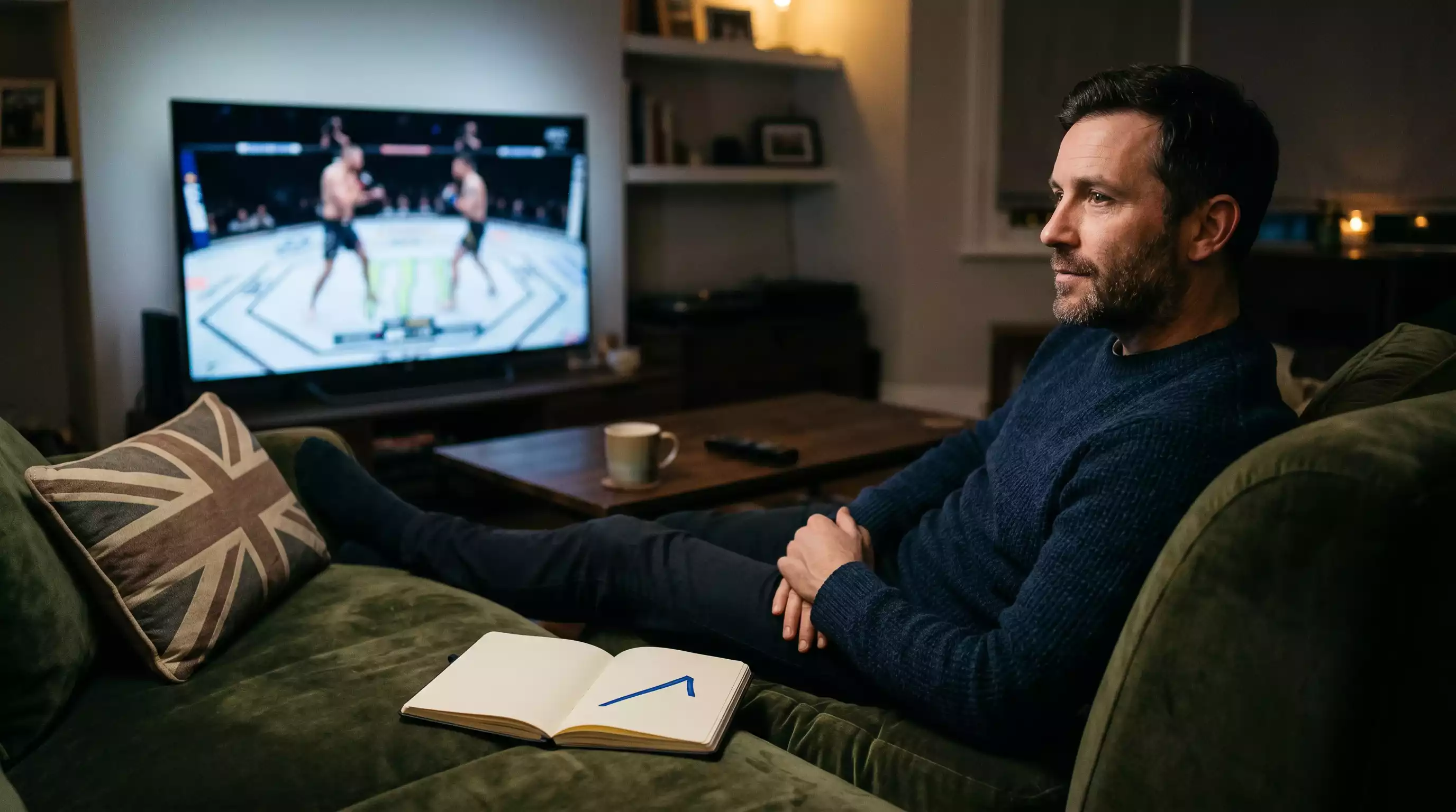 British fan watching a UFC broadcast at home, calm and focused, notebook open on the sofa beside them