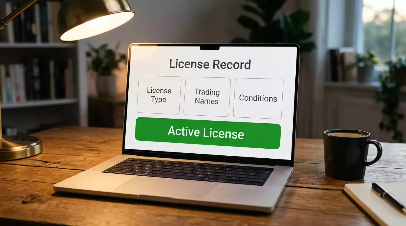 Detailed licence record page on the UKGC register showing licence type, trading names and conditions