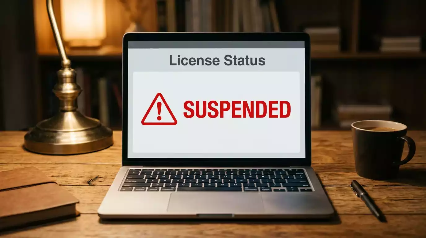 UKGC register entry showing an operator status of suspended highlighted in red
