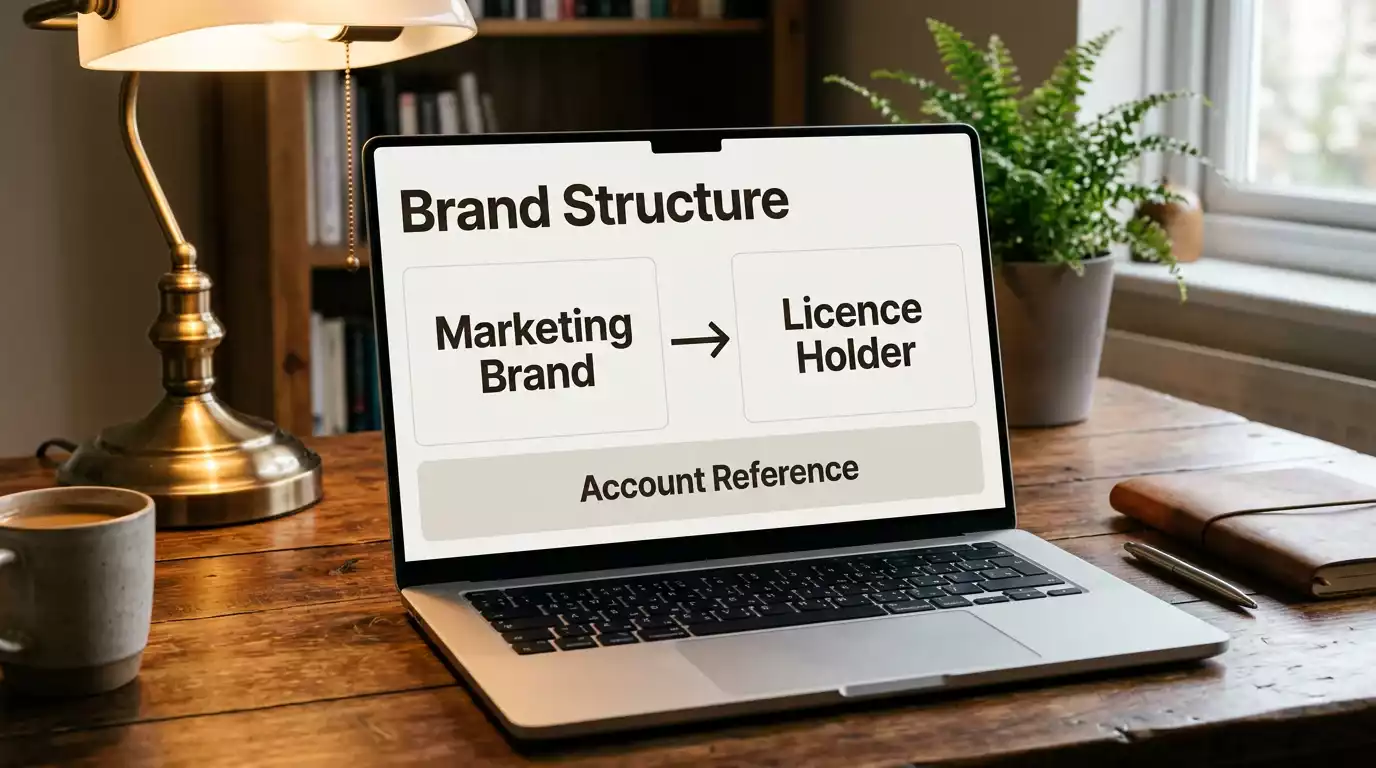 Simple diagram on a laptop showing the relationship between a marketing brand and a UKGC licence holder